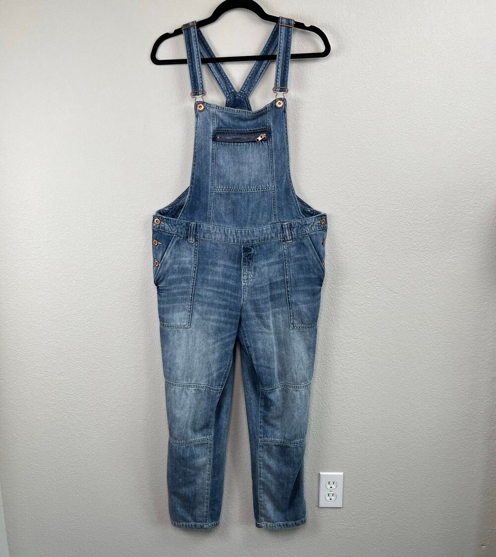 H&M LOGG Rigid Denim Straight Leg Overalls Blue Jeans Bib Pocket Jumpsuit M
